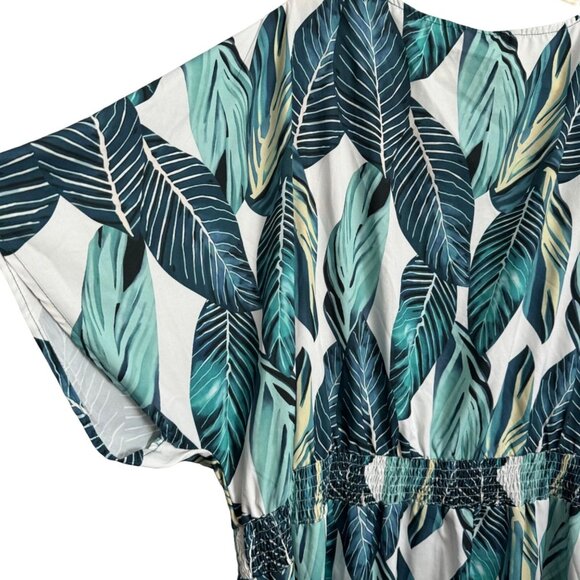 Bloomchic Plus Size US 26 Green Leaf Print Dress V-Neck Short Sleeve - Picture 10 of 12